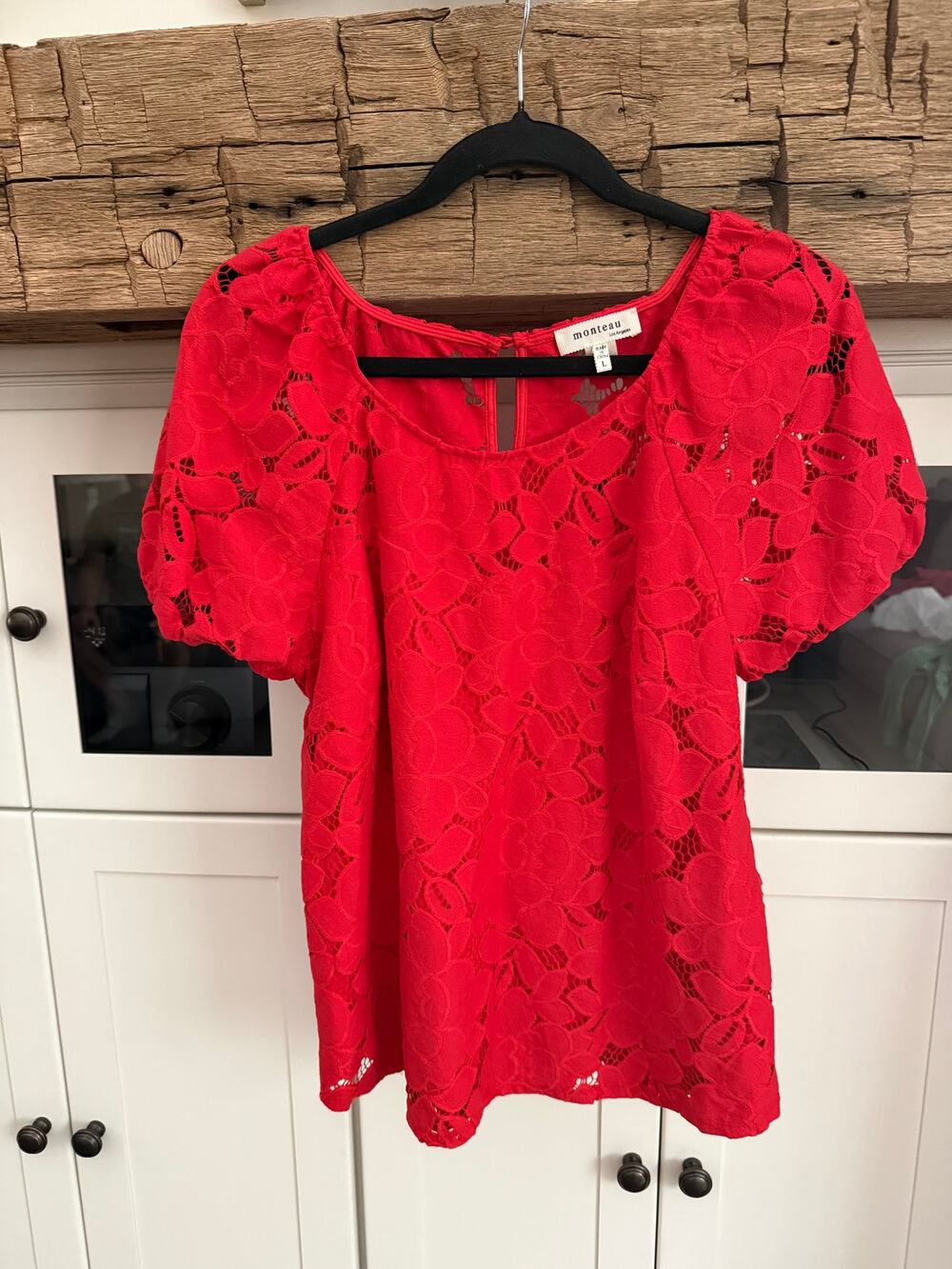 Monteau LA Red Lace Overlay Top Sz L Puff Sleeve Fairycore Coquette Blouse